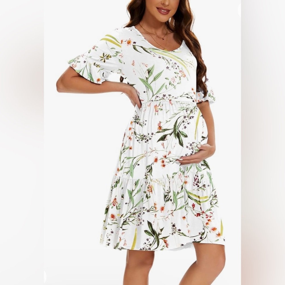Smallshow Women's Maternity Dress Ruffle Short Sleeve, Size S